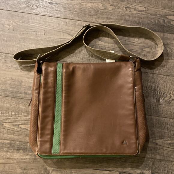 Vintage VAJA Messenger Bag LEATHER Brown Green Flap Close Pockets Adjustable